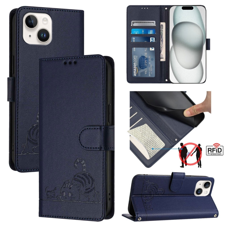Cat Rat Embossed Pattern RFID Leather Phone Case with Lanyard, For iPhone 15, For iPhone 14 Plus, For iPhone 14/13, For iPhone 14 Pro, For iPhone 14 Pro Max, For iPhone SE 2022/SE 2020/6/7/8, For iPhone 13 Pro Max, For iPhone 13 Pro