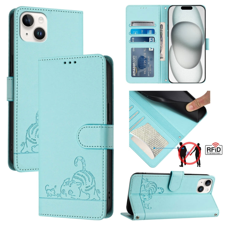 Cat Rat Embossed Pattern RFID Leather Phone Case with Lanyard, For iPhone 15, For iPhone 14 Plus, For iPhone 14/13, For iPhone 14 Pro, For iPhone 14 Pro Max, For iPhone SE 2022/SE 2020/6/7/8, For iPhone 13 Pro Max, For iPhone 13 Pro