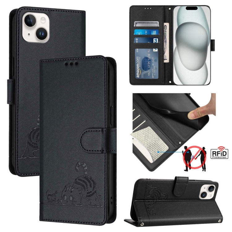 Cat Rat Embossed Pattern RFID Leather Phone Case with Lanyard, For iPhone 15, For iPhone 14 Plus, For iPhone 14/13, For iPhone 14 Pro, For iPhone 14 Pro Max, For iPhone SE 2022/SE 2020/6/7/8, For iPhone 13 Pro Max, For iPhone 13 Pro