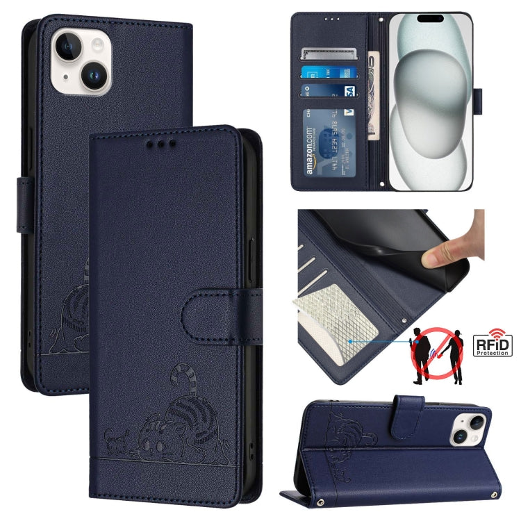 Cat Rat Embossed Pattern RFID Leather Phone Case with Lanyard, For iPhone 15, For iPhone 14 Plus, For iPhone 14/13, For iPhone 14 Pro, For iPhone 14 Pro Max, For iPhone SE 2022/SE 2020/6/7/8, For iPhone 13 Pro Max, For iPhone 13 Pro