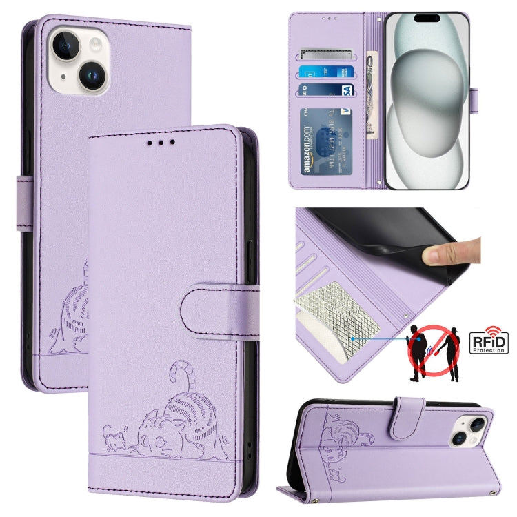 Cat Rat Embossed Pattern RFID Leather Phone Case with Lanyard, For iPhone 15, For iPhone 14 Plus, For iPhone 14/13, For iPhone 14 Pro, For iPhone 14 Pro Max, For iPhone SE 2022/SE 2020/6/7/8, For iPhone 13 Pro Max, For iPhone 13 Pro