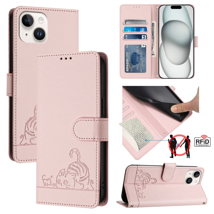 Cat Rat Embossed Pattern RFID Leather Phone Case with Lanyard, For iPhone 15, For iPhone 14 Plus, For iPhone 14/13, For iPhone 14 Pro, For iPhone 14 Pro Max, For iPhone SE 2022/SE 2020/6/7/8, For iPhone 13 Pro Max, For iPhone 13 Pro