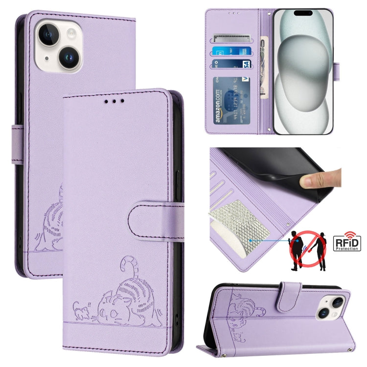 Cat Rat Embossed Pattern RFID Leather Phone Case with Lanyard, For iPhone 15, For iPhone 14 Plus, For iPhone 14/13, For iPhone 14 Pro, For iPhone 14 Pro Max, For iPhone SE 2022/SE 2020/6/7/8, For iPhone 13 Pro Max, For iPhone 13 Pro