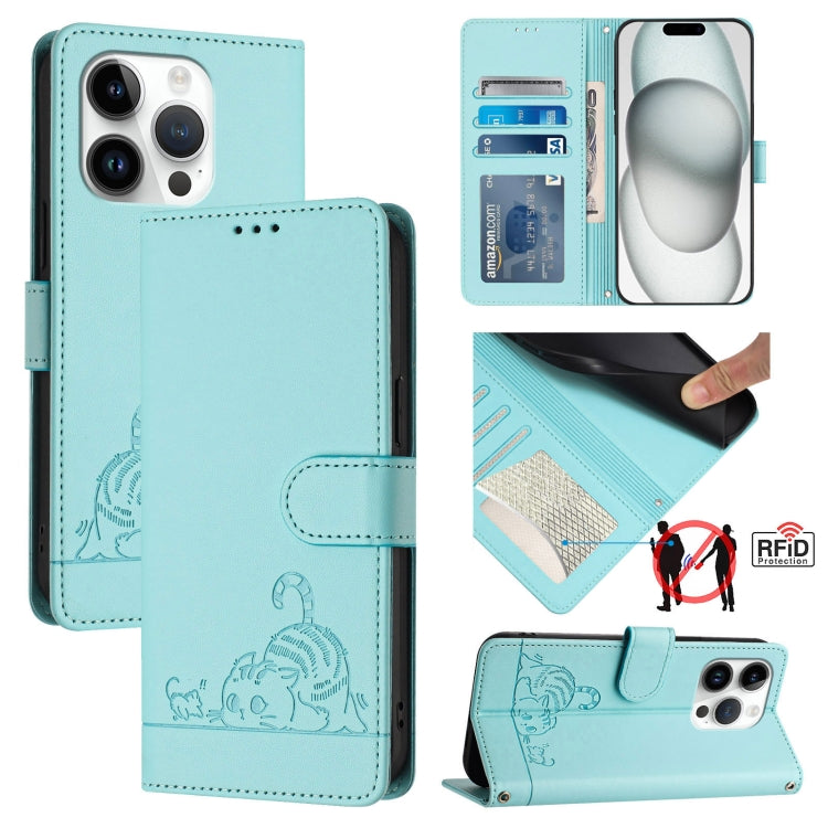 Cat Rat Embossed Pattern RFID Leather Phone Case with Lanyard, For iPhone 15, For iPhone 14 Plus, For iPhone 14/13, For iPhone 14 Pro, For iPhone 14 Pro Max, For iPhone SE 2022/SE 2020/6/7/8, For iPhone 13 Pro Max, For iPhone 13 Pro