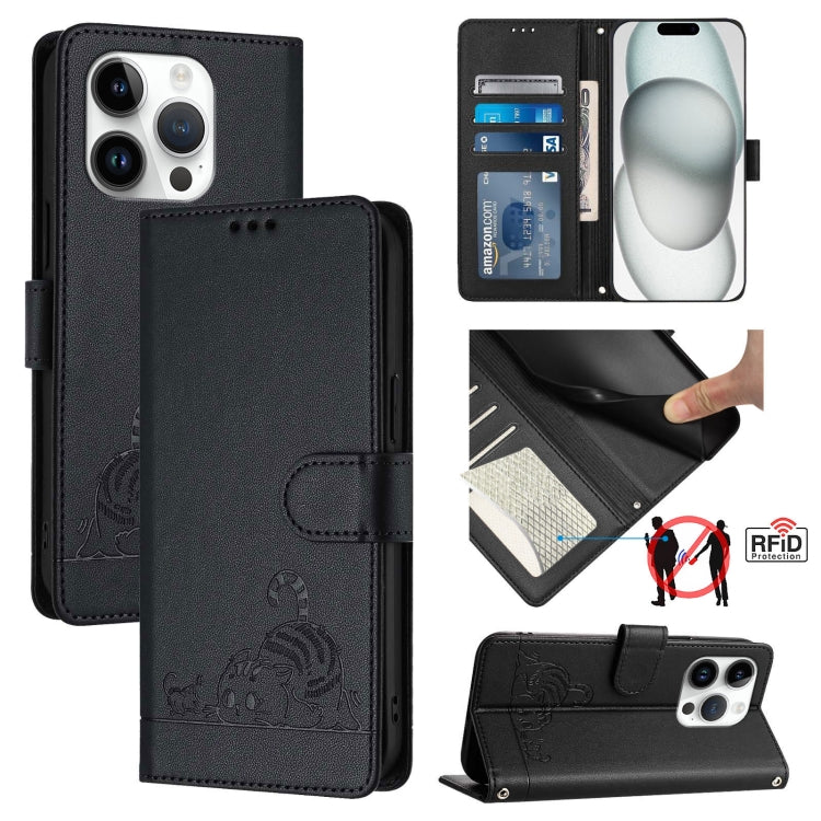 Cat Rat Embossed Pattern RFID Leather Phone Case with Lanyard, For iPhone 15, For iPhone 14 Plus, For iPhone 14/13, For iPhone 14 Pro, For iPhone 14 Pro Max, For iPhone SE 2022/SE 2020/6/7/8, For iPhone 13 Pro Max, For iPhone 13 Pro
