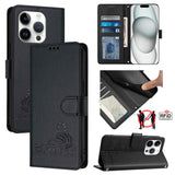 Cat Rat Embossed Pattern RFID Leather Phone Case with Lanyard, For iPhone 15, For iPhone 14 Plus, For iPhone 14/13, For iPhone 14 Pro, For iPhone 14 Pro Max, For iPhone SE 2022/SE 2020/6/7/8, For iPhone 13 Pro Max, For iPhone 13 Pro