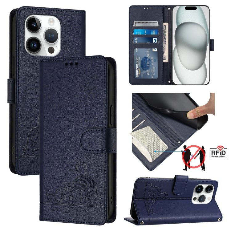 Cat Rat Embossed Pattern RFID Leather Phone Case with Lanyard, For iPhone 15, For iPhone 14 Plus, For iPhone 14/13, For iPhone 14 Pro, For iPhone 14 Pro Max, For iPhone SE 2022/SE 2020/6/7/8, For iPhone 13 Pro Max, For iPhone 13 Pro