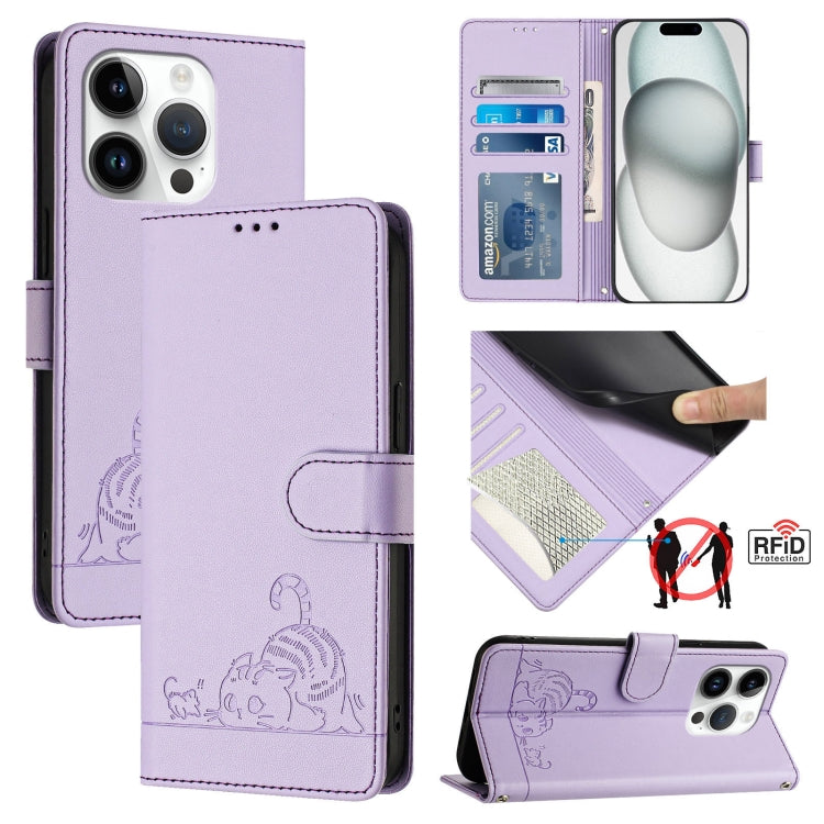Cat Rat Embossed Pattern RFID Leather Phone Case with Lanyard, For iPhone 15, For iPhone 14 Plus, For iPhone 14/13, For iPhone 14 Pro, For iPhone 14 Pro Max, For iPhone SE 2022/SE 2020/6/7/8, For iPhone 13 Pro Max, For iPhone 13 Pro