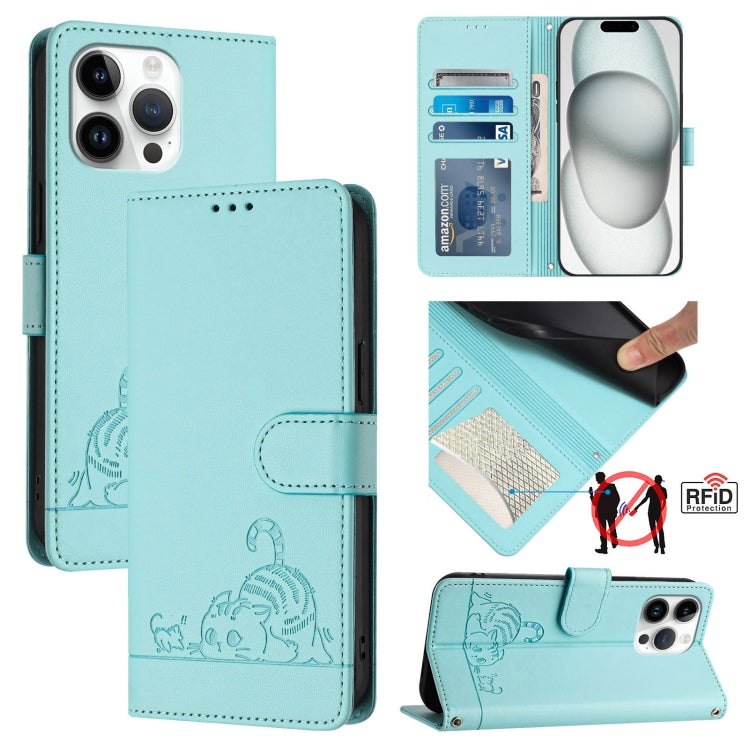Cat Rat Embossed Pattern RFID Leather Phone Case with Lanyard, For iPhone 15, For iPhone 14 Plus, For iPhone 14/13, For iPhone 14 Pro, For iPhone 14 Pro Max, For iPhone SE 2022/SE 2020/6/7/8, For iPhone 13 Pro Max, For iPhone 13 Pro