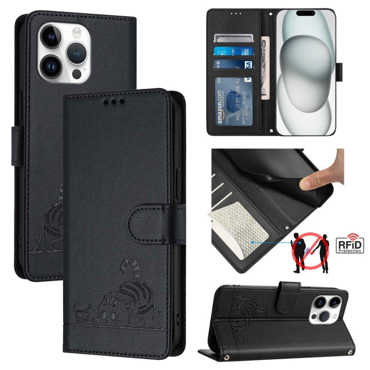 Cat Rat Embossed Pattern RFID Leather Phone Case with Lanyard, For iPhone 15, For iPhone 14 Plus, For iPhone 14/13, For iPhone 14 Pro, For iPhone 14 Pro Max, For iPhone SE 2022/SE 2020/6/7/8, For iPhone 13 Pro Max, For iPhone 13 Pro