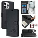 Cat Rat Embossed Pattern RFID Leather Phone Case with Lanyard, For iPhone 15, For iPhone 14 Plus, For iPhone 14/13, For iPhone 14 Pro, For iPhone 14 Pro Max, For iPhone SE 2022/SE 2020/6/7/8, For iPhone 13 Pro Max, For iPhone 13 Pro