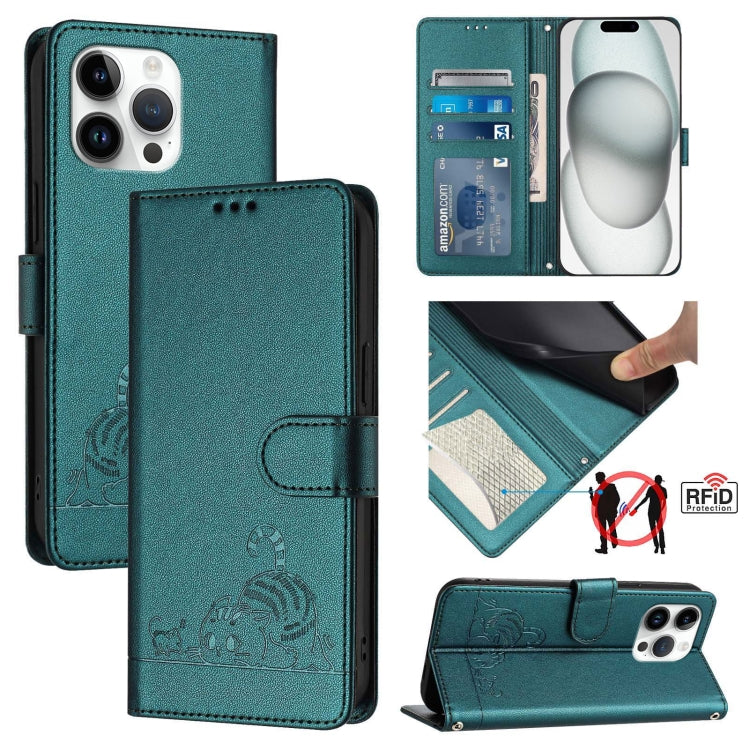 Cat Rat Embossed Pattern RFID Leather Phone Case with Lanyard, For iPhone 15, For iPhone 14 Plus, For iPhone 14/13, For iPhone 14 Pro, For iPhone 14 Pro Max, For iPhone SE 2022/SE 2020/6/7/8, For iPhone 13 Pro Max, For iPhone 13 Pro