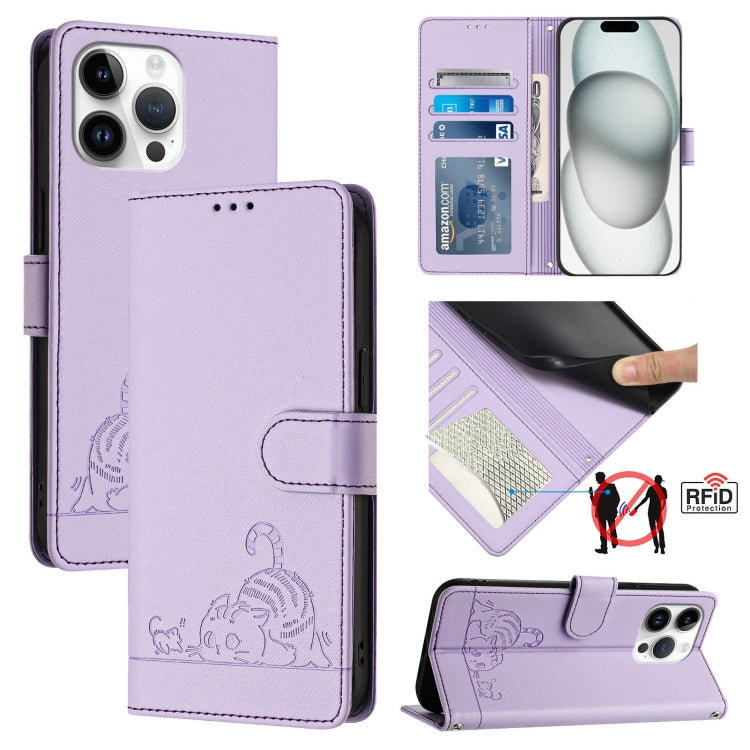 Cat Rat Embossed Pattern RFID Leather Phone Case with Lanyard, For iPhone 15, For iPhone 14 Plus, For iPhone 14/13, For iPhone 14 Pro, For iPhone 14 Pro Max, For iPhone SE 2022/SE 2020/6/7/8, For iPhone 13 Pro Max, For iPhone 13 Pro