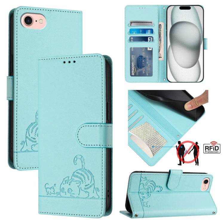 Cat Rat Embossed Pattern RFID Leather Phone Case with Lanyard, For iPhone 15, For iPhone 14 Plus, For iPhone 14/13, For iPhone 14 Pro, For iPhone 14 Pro Max, For iPhone SE 2022/SE 2020/6/7/8, For iPhone 13 Pro Max, For iPhone 13 Pro