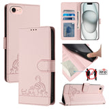 Cat Rat Embossed Pattern RFID Leather Phone Case with Lanyard, For iPhone 15, For iPhone 14 Plus, For iPhone 14/13, For iPhone 14 Pro, For iPhone 14 Pro Max, For iPhone SE 2022/SE 2020/6/7/8, For iPhone 13 Pro Max, For iPhone 13 Pro
