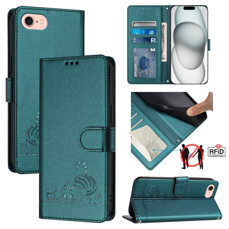 Cat Rat Embossed Pattern RFID Leather Phone Case with Lanyard, For iPhone 15, For iPhone 14 Plus, For iPhone 14/13, For iPhone 14 Pro, For iPhone 14 Pro Max, For iPhone SE 2022/SE 2020/6/7/8, For iPhone 13 Pro Max, For iPhone 13 Pro