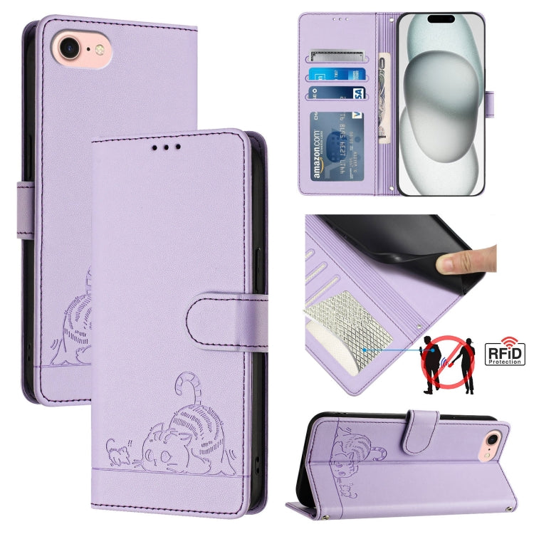 Cat Rat Embossed Pattern RFID Leather Phone Case with Lanyard, For iPhone 15, For iPhone 14 Plus, For iPhone 14/13, For iPhone 14 Pro, For iPhone 14 Pro Max, For iPhone SE 2022/SE 2020/6/7/8, For iPhone 13 Pro Max, For iPhone 13 Pro