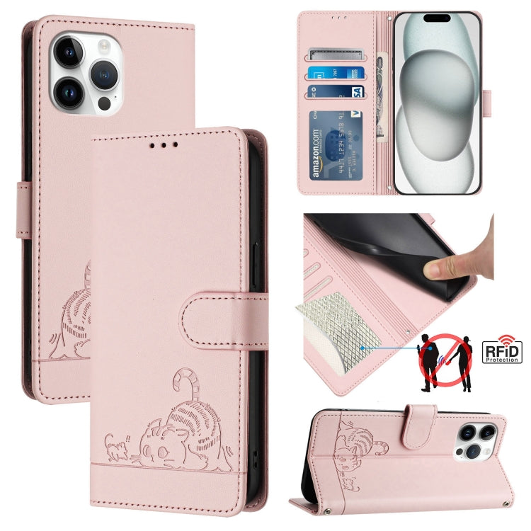 Cat Rat Embossed Pattern RFID Leather Phone Case with Lanyard, For iPhone 15, For iPhone 14 Plus, For iPhone 14/13, For iPhone 14 Pro, For iPhone 14 Pro Max, For iPhone SE 2022/SE 2020/6/7/8, For iPhone 13 Pro Max, For iPhone 13 Pro
