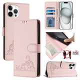 Cat Rat Embossed Pattern RFID Leather Phone Case with Lanyard, For iPhone 15, For iPhone 14 Plus, For iPhone 14/13, For iPhone 14 Pro, For iPhone 14 Pro Max, For iPhone SE 2022/SE 2020/6/7/8, For iPhone 13 Pro Max, For iPhone 13 Pro