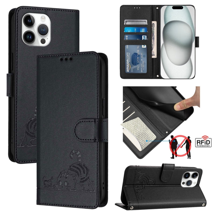 Cat Rat Embossed Pattern RFID Leather Phone Case with Lanyard, For iPhone 15, For iPhone 14 Plus, For iPhone 14/13, For iPhone 14 Pro, For iPhone 14 Pro Max, For iPhone SE 2022/SE 2020/6/7/8, For iPhone 13 Pro Max, For iPhone 13 Pro