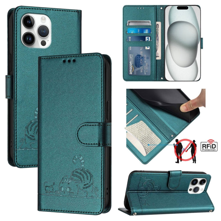 Cat Rat Embossed Pattern RFID Leather Phone Case with Lanyard, For iPhone 15, For iPhone 14 Plus, For iPhone 14/13, For iPhone 14 Pro, For iPhone 14 Pro Max, For iPhone SE 2022/SE 2020/6/7/8, For iPhone 13 Pro Max, For iPhone 13 Pro