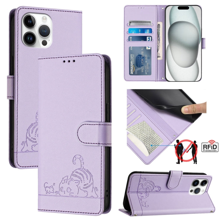 Cat Rat Embossed Pattern RFID Leather Phone Case with Lanyard, For iPhone 15, For iPhone 14 Plus, For iPhone 14/13, For iPhone 14 Pro, For iPhone 14 Pro Max, For iPhone SE 2022/SE 2020/6/7/8, For iPhone 13 Pro Max, For iPhone 13 Pro