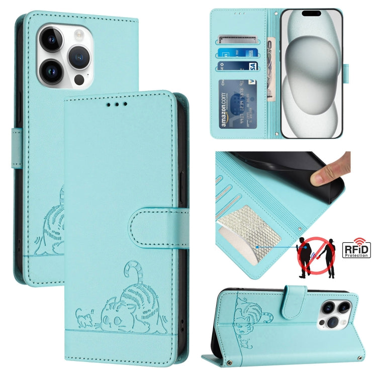 Cat Rat Embossed Pattern RFID Leather Phone Case with Lanyard, For iPhone 15, For iPhone 14 Plus, For iPhone 14/13, For iPhone 14 Pro, For iPhone 14 Pro Max, For iPhone SE 2022/SE 2020/6/7/8, For iPhone 13 Pro Max, For iPhone 13 Pro