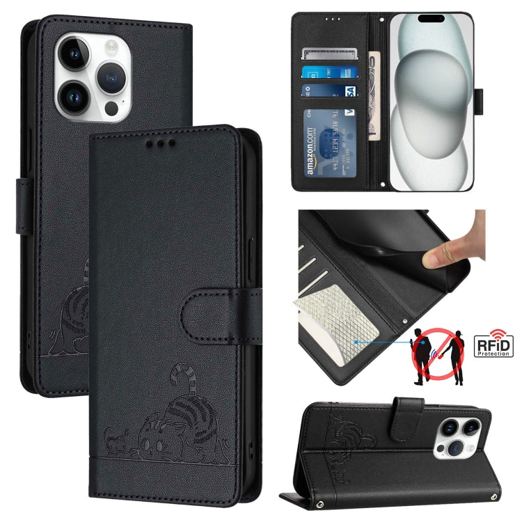 Cat Rat Embossed Pattern RFID Leather Phone Case with Lanyard, For iPhone 15, For iPhone 14 Plus, For iPhone 14/13, For iPhone 14 Pro, For iPhone 14 Pro Max, For iPhone SE 2022/SE 2020/6/7/8, For iPhone 13 Pro Max, For iPhone 13 Pro