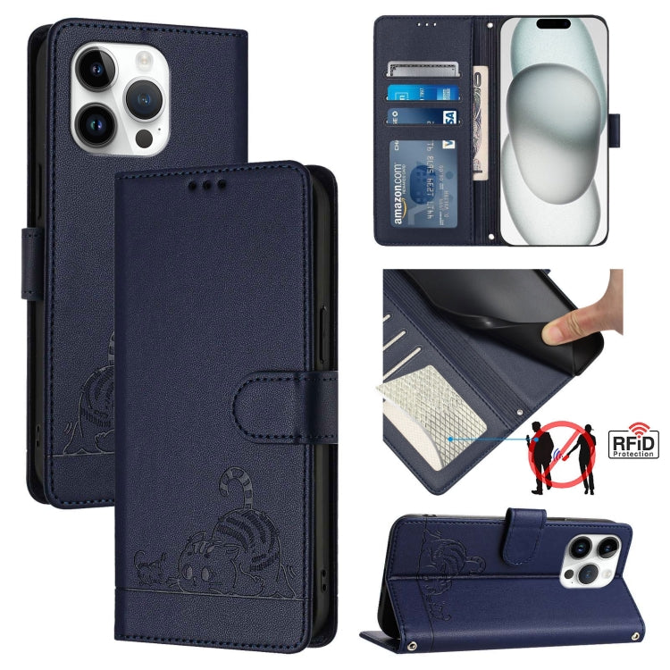 Cat Rat Embossed Pattern RFID Leather Phone Case with Lanyard, For iPhone 15, For iPhone 14 Plus, For iPhone 14/13, For iPhone 14 Pro, For iPhone 14 Pro Max, For iPhone SE 2022/SE 2020/6/7/8, For iPhone 13 Pro Max, For iPhone 13 Pro