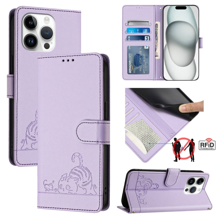 Cat Rat Embossed Pattern RFID Leather Phone Case with Lanyard, For iPhone 15, For iPhone 14 Plus, For iPhone 14/13, For iPhone 14 Pro, For iPhone 14 Pro Max, For iPhone SE 2022/SE 2020/6/7/8, For iPhone 13 Pro Max, For iPhone 13 Pro