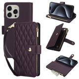 YM016 Rhombic Zipper Card Wallet Leather Phone Case with Lanyard, For iPhone 16 Pro, For iPhone 16 Plus, For iPhone 16, For iPhone 15 Pro Max, For iPhone 15 Pro, For iPhone 15 Plus