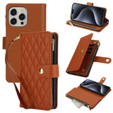 YM016 Rhombic Zipper Card Wallet Leather Phone Case with Lanyard, For iPhone 16 Pro, For iPhone 16 Plus, For iPhone 16, For iPhone 15 Pro Max, For iPhone 15 Pro, For iPhone 15 Plus