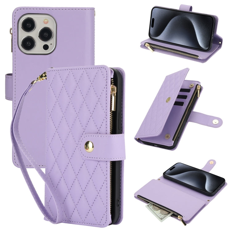 YM016 Rhombic Zipper Card Wallet Leather Phone Case with Lanyard, For iPhone 16 Pro, For iPhone 16 Plus, For iPhone 16, For iPhone 15 Pro Max, For iPhone 15 Pro, For iPhone 15 Plus