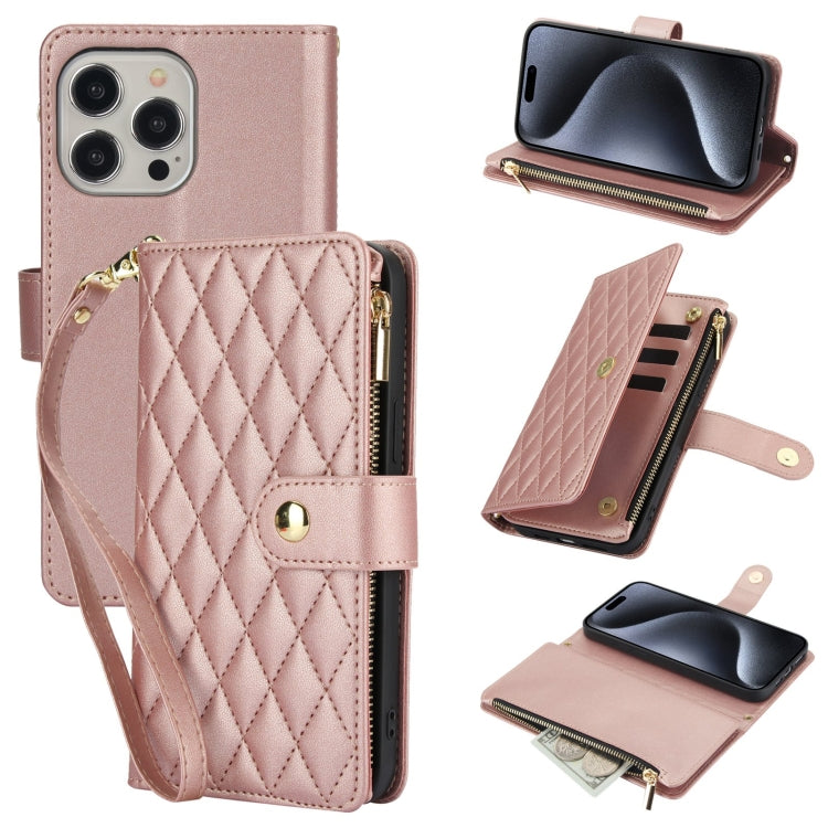 YM016 Rhombic Zipper Card Wallet Leather Phone Case with Lanyard, For iPhone 16 Pro, For iPhone 16 Plus, For iPhone 16, For iPhone 15 Pro Max, For iPhone 15 Pro, For iPhone 15 Plus