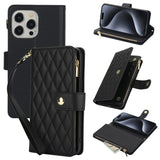 YM016 Rhombic Zipper Card Wallet Leather Phone Case with Lanyard, For iPhone 16 Pro, For iPhone 16 Plus, For iPhone 16, For iPhone 15 Pro Max, For iPhone 15 Pro, For iPhone 15 Plus