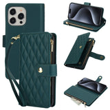 YM016 Rhombic Zipper Card Wallet Leather Phone Case with Lanyard, For iPhone 16 Pro, For iPhone 16 Plus, For iPhone 16, For iPhone 15 Pro Max, For iPhone 15 Pro, For iPhone 15 Plus