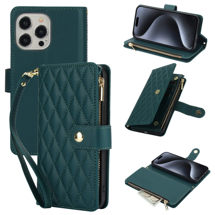 YM016 Rhombic Zipper Card Wallet Leather Phone Case with Lanyard, For iPhone 16 Pro, For iPhone 16 Plus, For iPhone 16, For iPhone 15 Pro Max, For iPhone 15 Pro, For iPhone 15 Plus