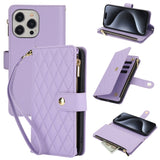 YM016 Rhombic Zipper Card Wallet Leather Phone Case with Lanyard, For iPhone 16 Pro, For iPhone 16 Plus, For iPhone 16, For iPhone 15 Pro Max, For iPhone 15 Pro, For iPhone 15 Plus