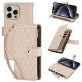YM016 Rhombic Zipper Card Wallet Leather Phone Case with Lanyard, For iPhone 16 Pro, For iPhone 16 Plus, For iPhone 16, For iPhone 15 Pro Max, For iPhone 15 Pro, For iPhone 15 Plus