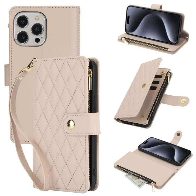 YM016 Rhombic Zipper Card Wallet Leather Phone Case with Lanyard, For iPhone 16 Pro, For iPhone 16 Plus, For iPhone 16, For iPhone 15 Pro Max, For iPhone 15 Pro, For iPhone 15 Plus