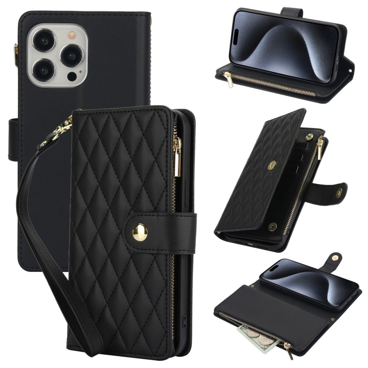 YM016 Rhombic Zipper Card Wallet Leather Phone Case with Lanyard, For iPhone 16 Pro, For iPhone 16 Plus, For iPhone 16, For iPhone 15 Pro Max, For iPhone 15 Pro, For iPhone 15 Plus