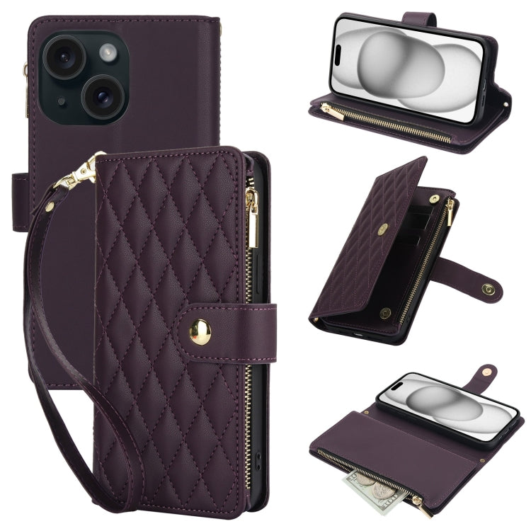 YM016 Rhombic Zipper Card Wallet Leather Phone Case with Lanyard, For iPhone 16 Pro, For iPhone 16 Plus, For iPhone 16, For iPhone 15 Pro Max, For iPhone 15 Pro, For iPhone 15 Plus