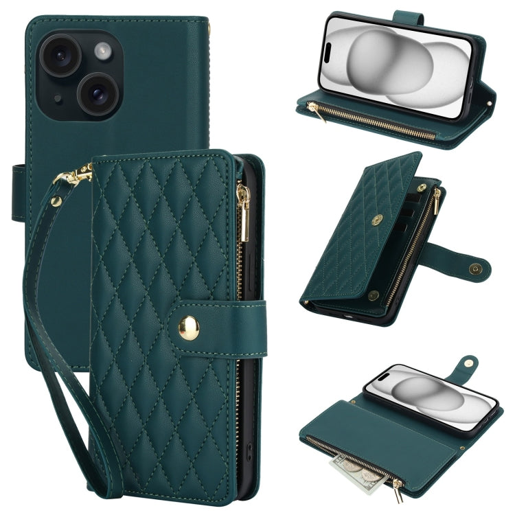 YM016 Rhombic Zipper Card Wallet Leather Phone Case with Lanyard, For iPhone 16 Pro, For iPhone 16 Plus, For iPhone 16, For iPhone 15 Pro Max, For iPhone 15 Pro, For iPhone 15 Plus