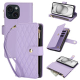 YM016 Rhombic Zipper Card Wallet Leather Phone Case with Lanyard, For iPhone 16 Pro, For iPhone 16 Plus, For iPhone 16, For iPhone 15 Pro Max, For iPhone 15 Pro, For iPhone 15 Plus