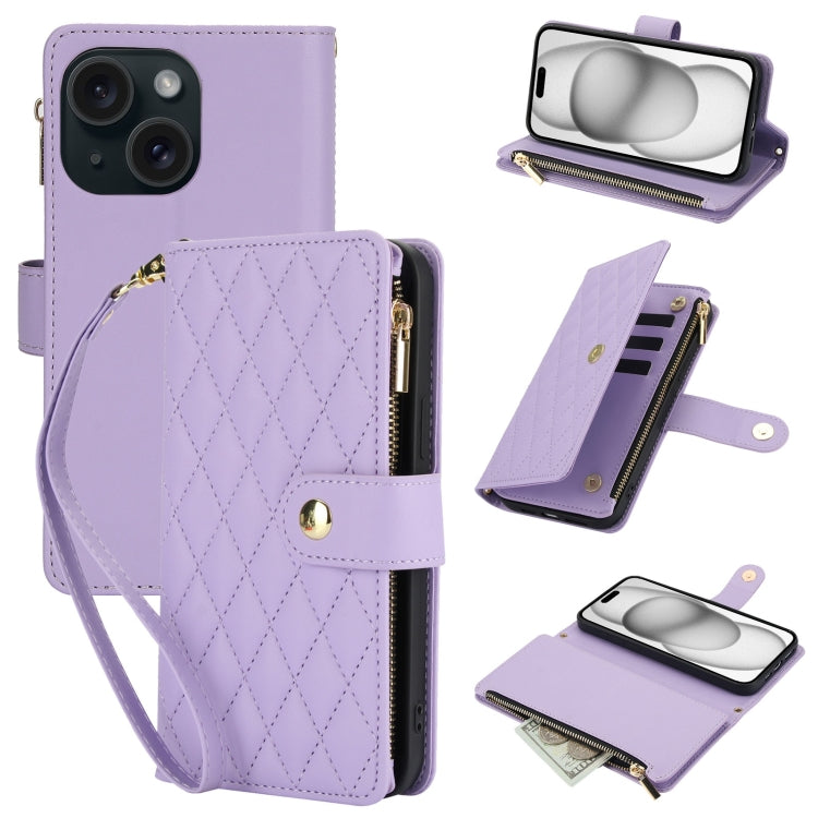 YM016 Rhombic Zipper Card Wallet Leather Phone Case with Lanyard, For iPhone 16 Pro, For iPhone 16 Plus, For iPhone 16, For iPhone 15 Pro Max, For iPhone 15 Pro, For iPhone 15 Plus