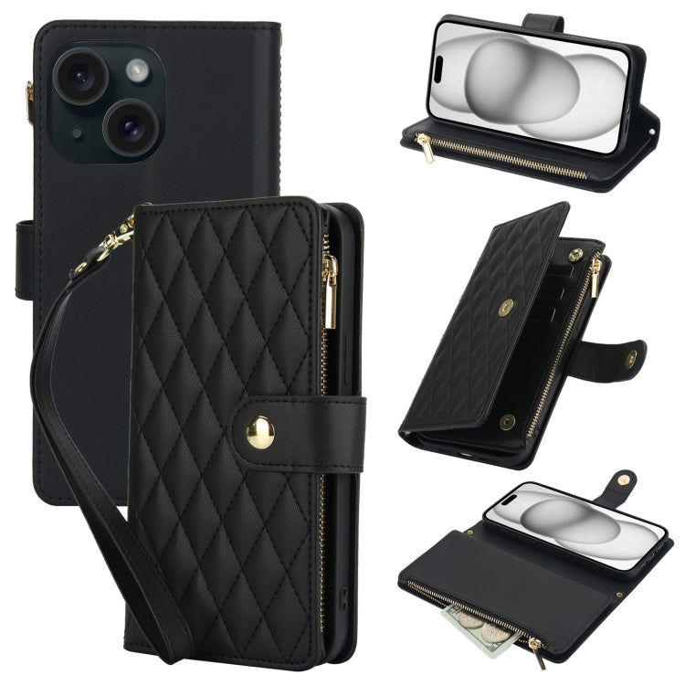 YM016 Rhombic Zipper Card Wallet Leather Phone Case with Lanyard, For iPhone 16 Pro, For iPhone 16 Plus, For iPhone 16, For iPhone 15 Pro Max, For iPhone 15 Pro, For iPhone 15 Plus