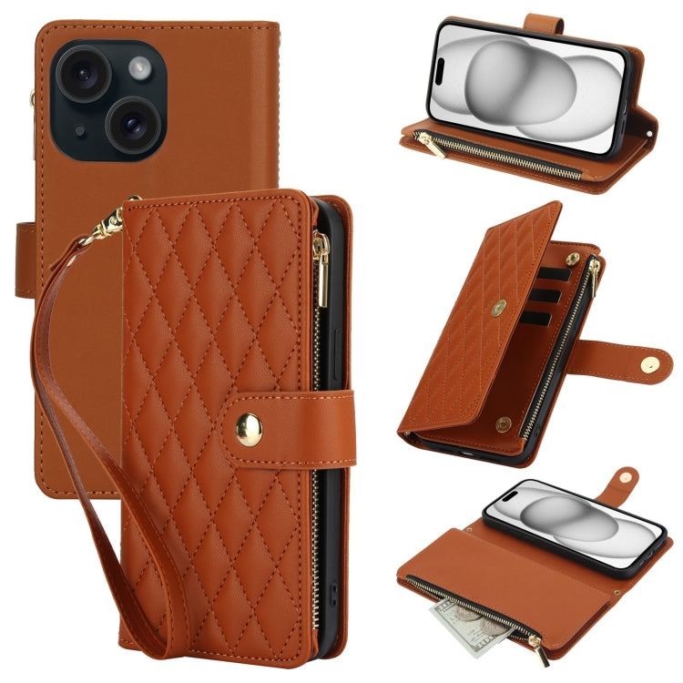 YM016 Rhombic Zipper Card Wallet Leather Phone Case with Lanyard, For iPhone 15, For iPhone 14 Plus, For iPhone 14, For iPhone 14 Pro, For iPhone 14 Pro Max, For iPhone SE 2022 / SE 2020 / 8