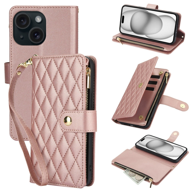 YM016 Rhombic Zipper Card Wallet Leather Phone Case with Lanyard, For iPhone 15, For iPhone 14 Plus, For iPhone 14, For iPhone 14 Pro, For iPhone 14 Pro Max, For iPhone SE 2022 / SE 2020 / 8