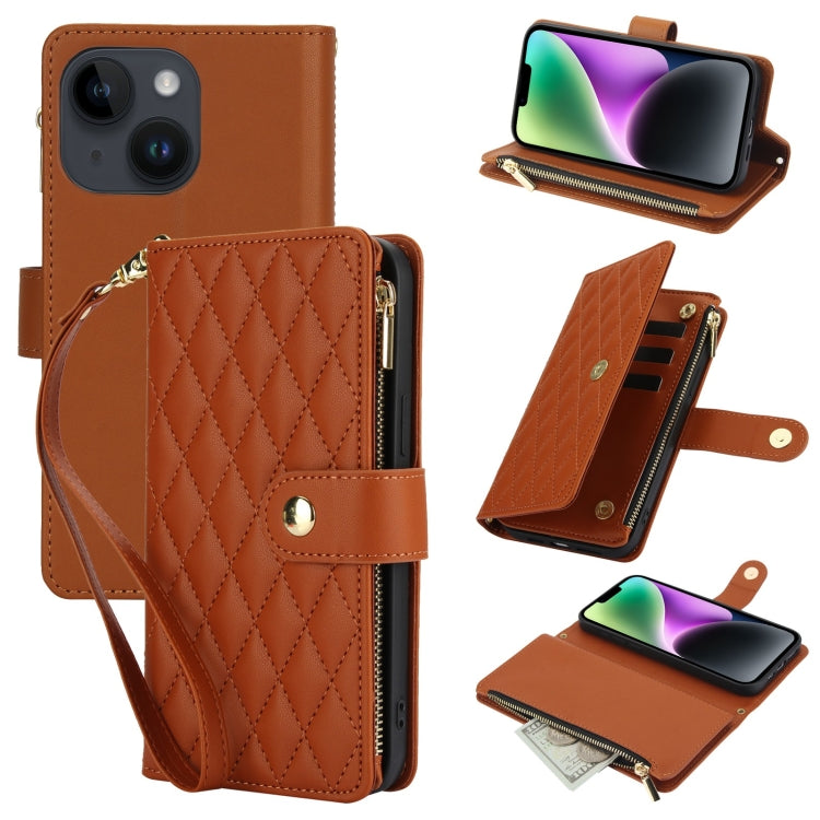 YM016 Rhombic Zipper Card Wallet Leather Phone Case with Lanyard, For iPhone 15, For iPhone 14 Plus, For iPhone 14, For iPhone 14 Pro, For iPhone 14 Pro Max, For iPhone SE 2022 / SE 2020 / 8