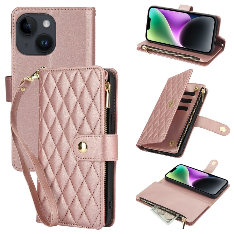 YM016 Rhombic Zipper Card Wallet Leather Phone Case with Lanyard, For iPhone 15, For iPhone 14 Plus, For iPhone 14, For iPhone 14 Pro, For iPhone 14 Pro Max, For iPhone SE 2022 / SE 2020 / 8